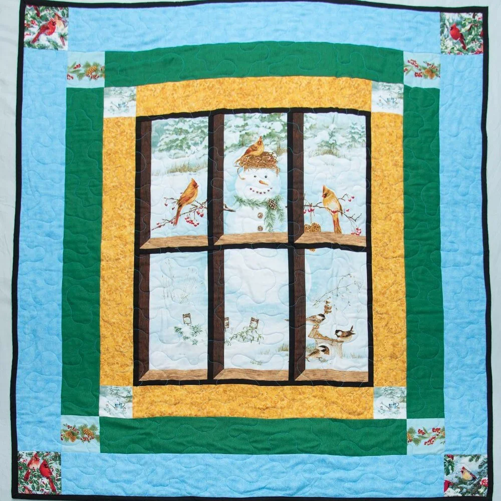 New, handmade snowman cardinals chickadee attic window style soft quilted throw